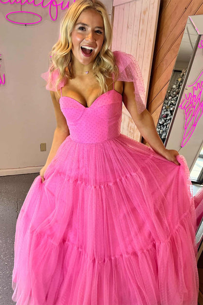 Straps Sweetheart Cute A-Line Swiss Dot Tulle Prom Dress with Bow Tie