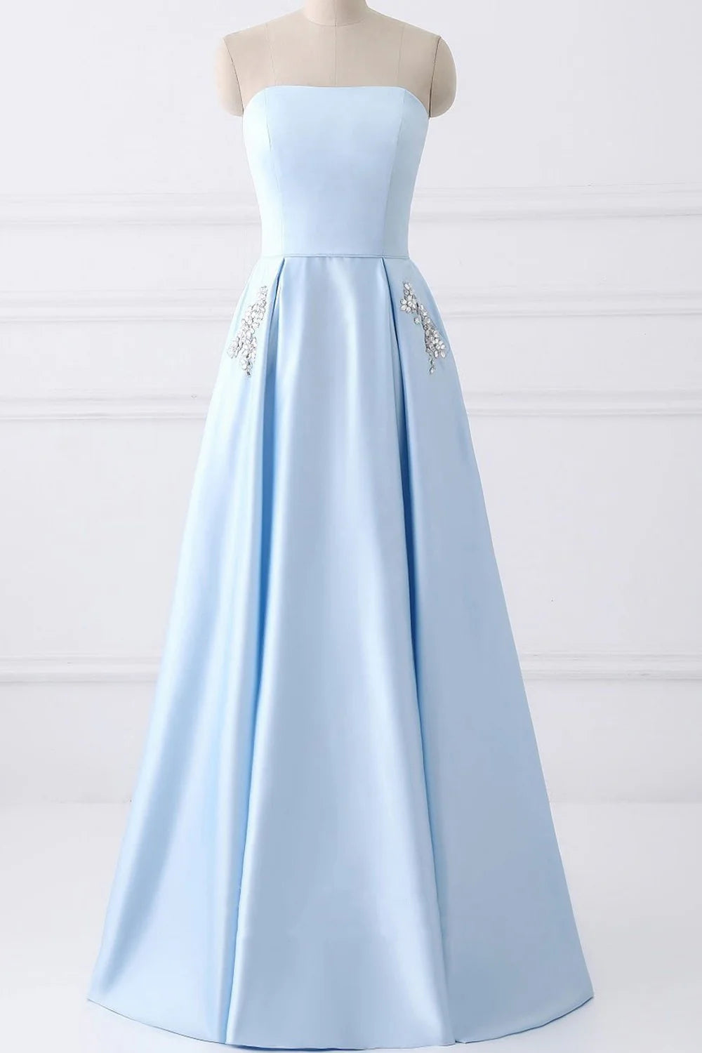 A-Line Elegant Beaded Pockets Strapless Long Prom Dress