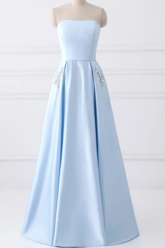 A-Line Elegant Beaded Pockets Strapless Long Prom Dress