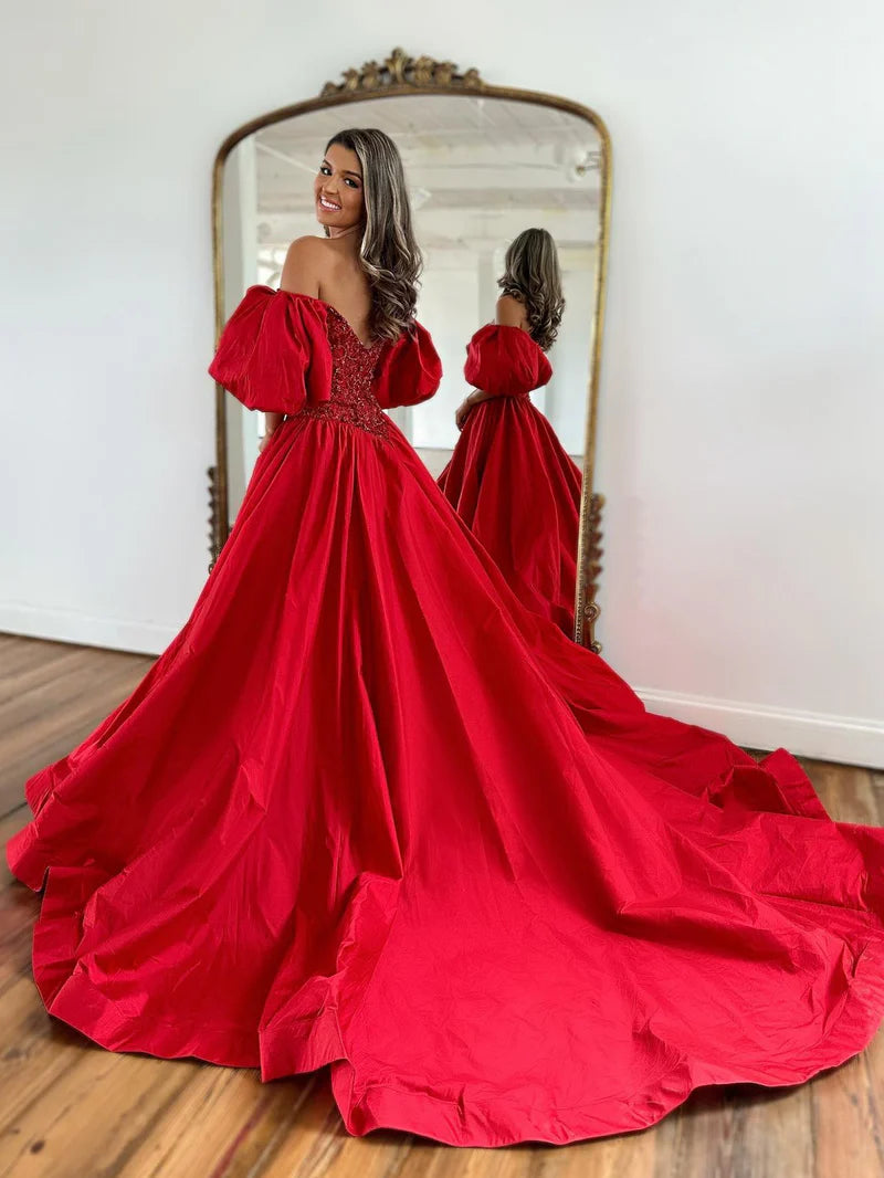 A-Line Off The Shoulder Taffeta Prom Dress Short Puffy Sleeves With Slit