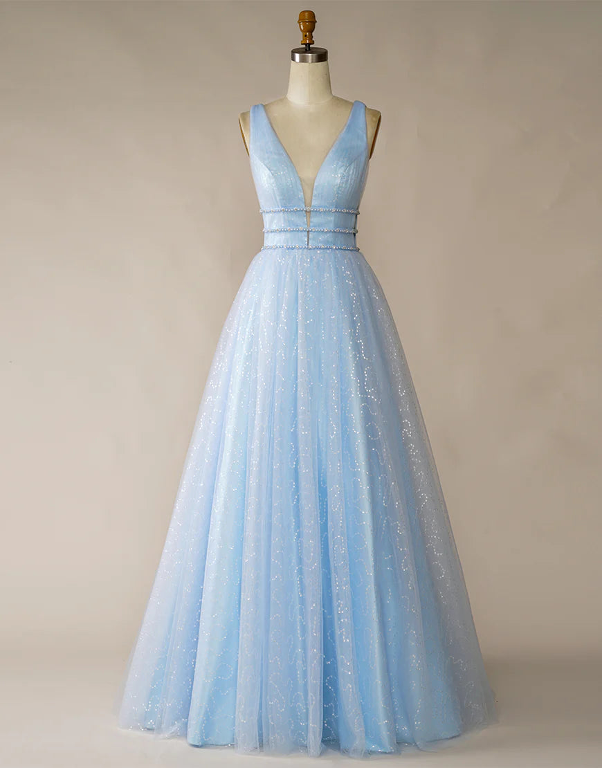 A-Line V-Neck Light Blue Tulle Long Prom Dress