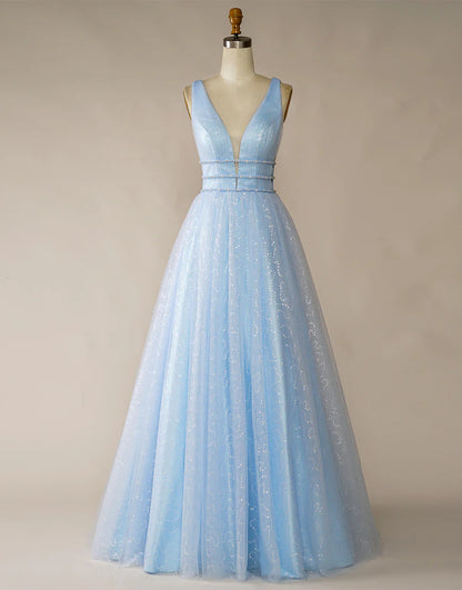 A-Line V-Neck Light Blue Tulle Long Prom Dress