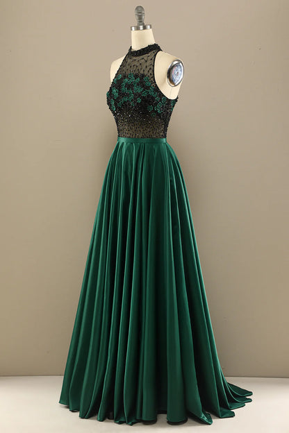 A-Line Halterneck Long Beaded Evening Dress Prom Dress With Flowers