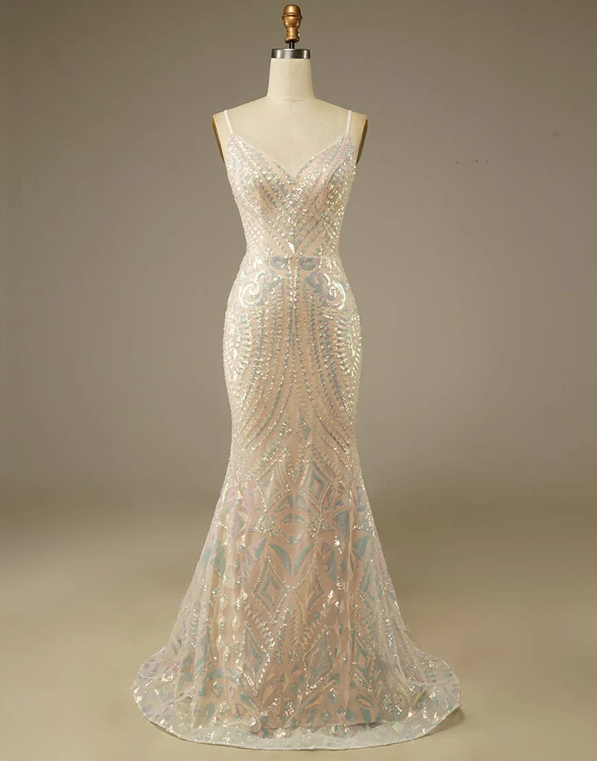 Glitter Mermaid Champagne V Neck Prom Dress Court Train Dresses