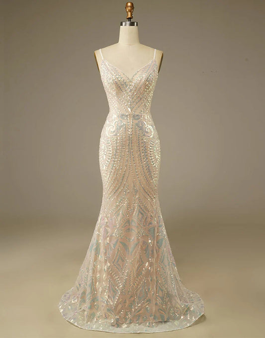 Glitter Mermaid Champagne V Neck Prom Dress Court Train Dresses