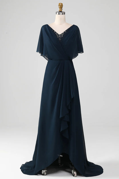 A-Line V-Neck Asymmetrical Sequins Mother of the Bride Dress With Beading
