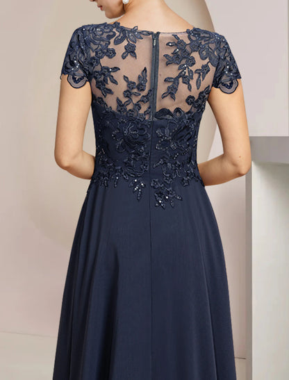 A-Line Mother of the Bride Dress High Low Scoop Neck Asymmetrical Tea Length Chiffon Lace Short Sleeve with Sequin