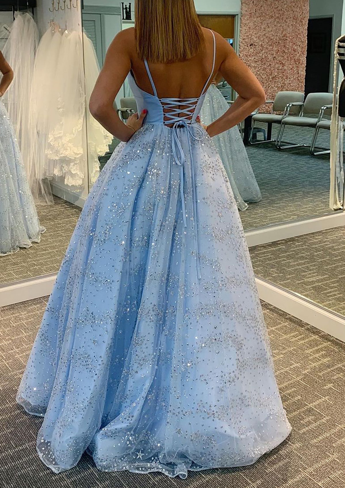 A-line Sweetheart Sleeveless Tulle Satin Sweep Train Prom Dress With Glitter