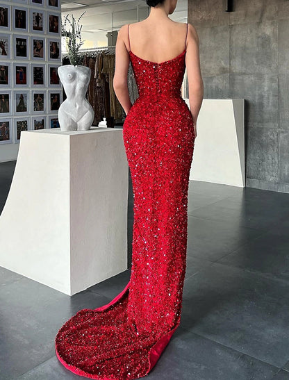 Mermaid / Trumpet Prom Dresses Sparkle & Shine Dress Sweep / Brush Train Sleeveless V Neck Sequined with Sequin Slit