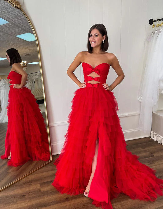 A Line Strapless Keyholes Ruffle Tiered Prom Dress Princess Dress With Slit