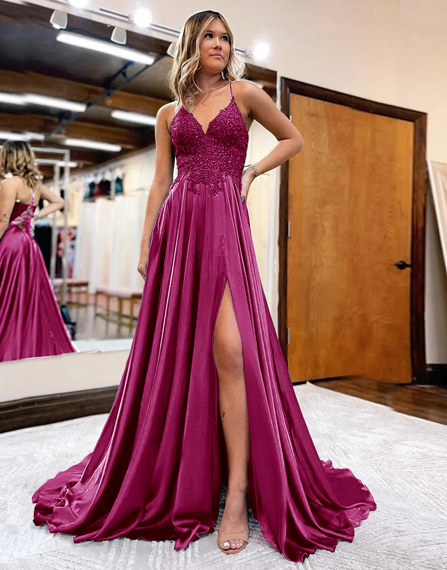 A-Line V-Neck Long Prom Dress Lace With Slit