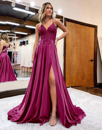 A-Line V-Neck Long Prom Dress Lace With Slit