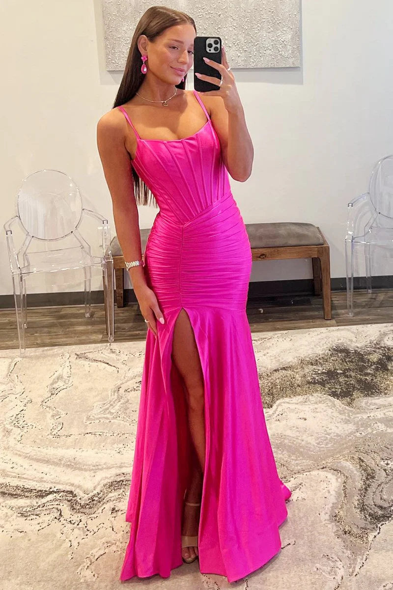 Mermaid Scoop Neck Satin Backless Prom Dress with Slit