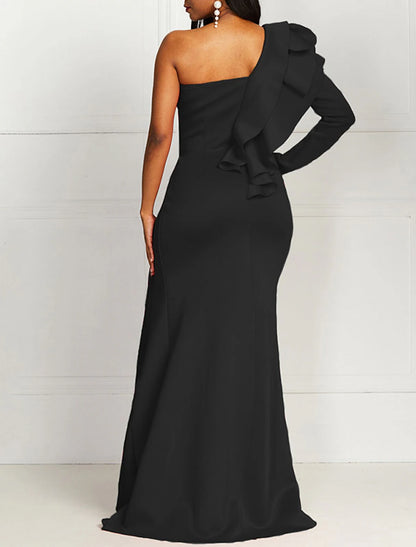 Mermaid / Trumpet Evening Gown Floor Length Long Sleeve One Shoulder with Ruffles Pure Color