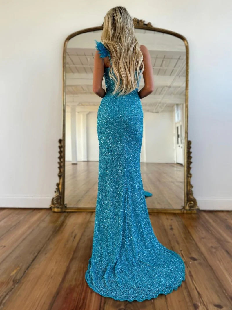 Mermaid One Shoulder Sequins Feather Prom Dress With Slit