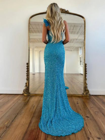Mermaid One Shoulder Sequins Feather Prom Dress With Slit