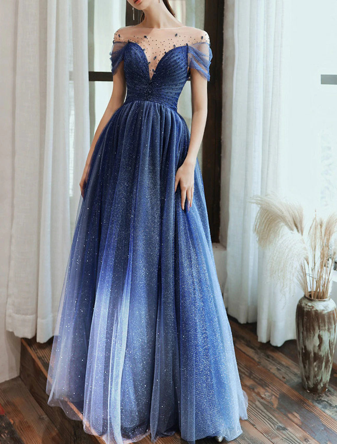 Sheath / Column Sparkle Formal Prom Dress Evening Dress Jewel Neck Floor Length Tulle with Pleats Sequin