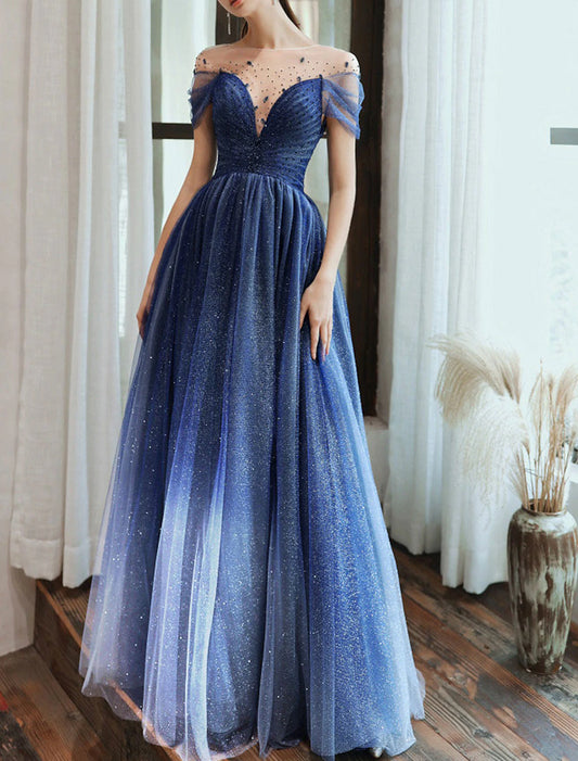 Sheath / Column Sparkle Formal Prom Dress Evening Dress Jewel Neck Floor Length Tulle with Pleats Sequin