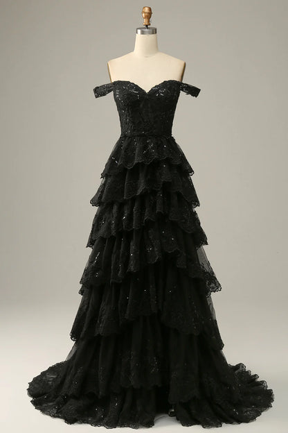 A-Line Off The Shoulder Prom Dress with Sequins Court Train Dresses