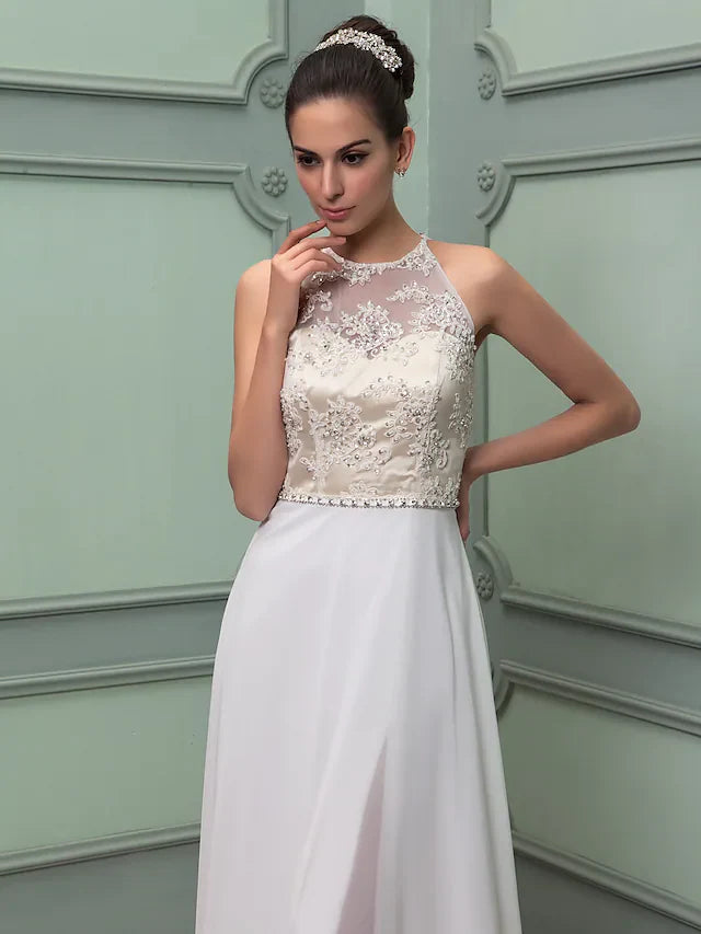 Wedding Dresses Jewel Neck Floor Length Chiffon Lace Regular Straps See-Through with Sash Ribbon Beading Split