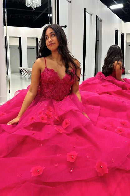 Fuchsia Sweetheart Tiered Tulle Ball Gown Princess Dress  Prom Dresses with Appliques