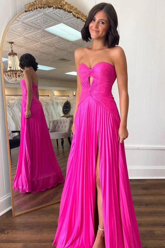 Hot Pink Strapless Keyhole Pleated A-Line Prom Dress With Slit