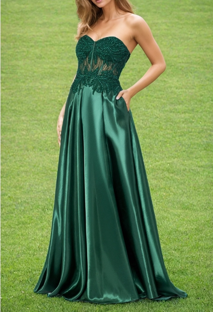 Hunter Green Strapless Sweetheart Long A-Line Prom Dress