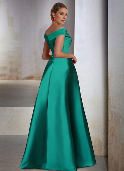 A-Line Wedding Guest Black Tie Floor Length Sleeveless Off Shoulder Pocket Satin with Slit