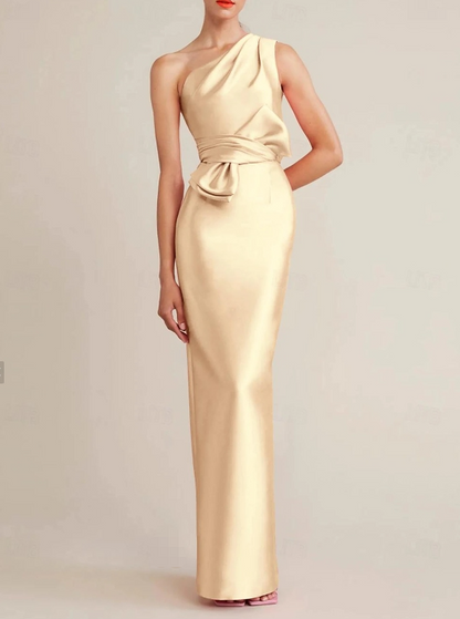 Sheath / Column Cocktail Dresses Wedding Guest Floor Length Sleeveless One Shoulder Satin with Bow(s) Pocket
