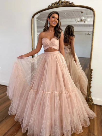 A-Line Two Pieces Tulle Pink Long Prom Dress Evening Dress