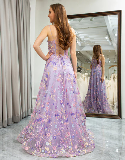 A Line Spaghetti Strap Appliqued Lace Floor-length Prom Dress With Slit
