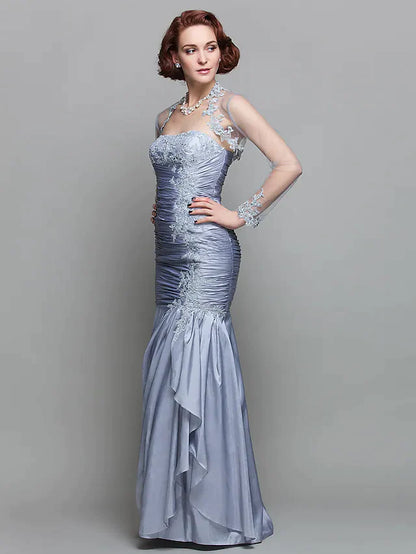 Mother of the Bride Dress Wrap Included Strapless Floor Length Lace Taffeta Long Sleeve with Ruched Beading Appliques