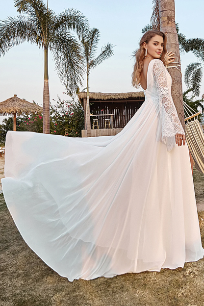 Ivory Lace Chiffon Trumpet Sleeve V-Neck Boho Wedding Dress With Slit