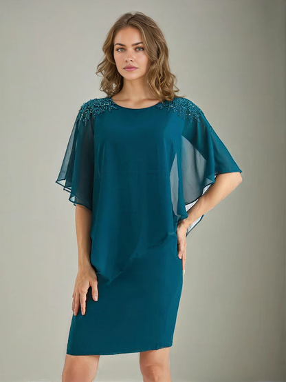 Chiffon Half Sleeves Cape Knee-Length Mother of the Bride Dress
