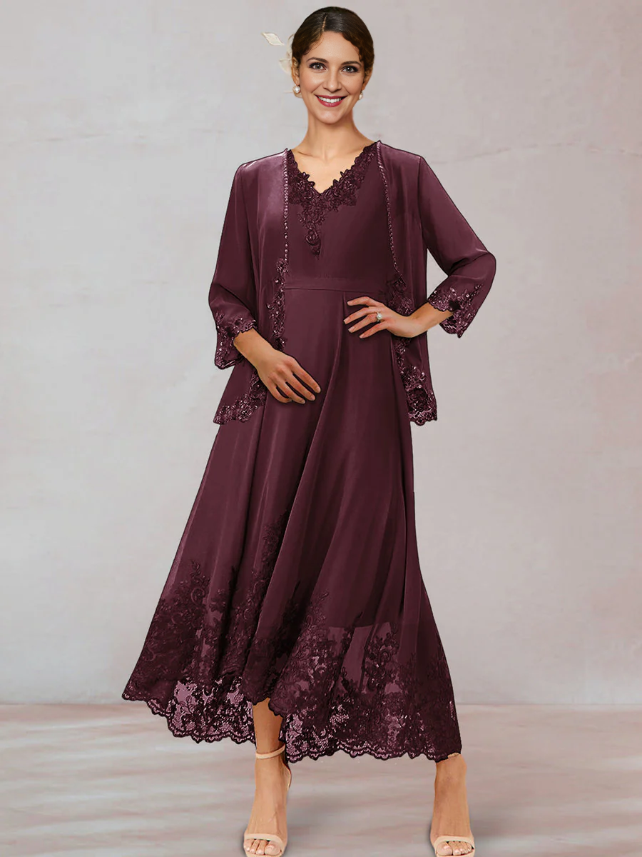 Chiffon Mother of the Bride Dresse Chiffon V-Neck 3/4 Sleeves Ankle-Length Long Evening Dress With Appliques