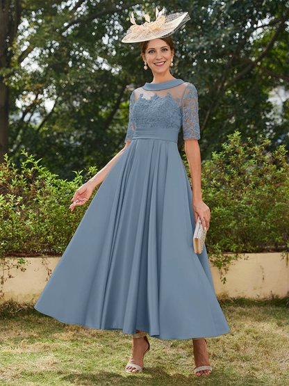 A-Line/Princess Scoop Half Sleeves Ankle-Length Long Evening Dresses Mother of the Bride Dresse with Appliques