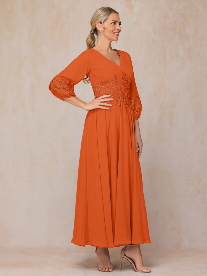 Long Sleeves Appliques Ankle Length Mother of the Bride Dresse Chiffon Wedding Guest Dresses