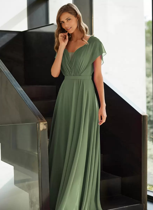Chiffon Mother of the Bride Dresse V-Neck Short Sleeves A-Line Pleated Guest Dresses