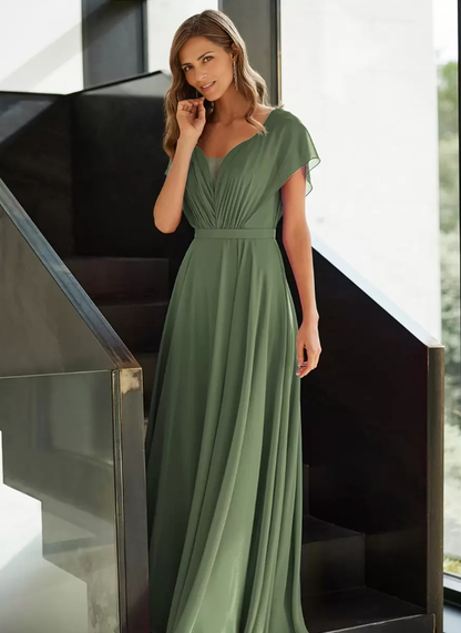 Chiffon Mother of the Bride Dresse V-Neck Short Sleeves A-Line Pleated Guest Dresses