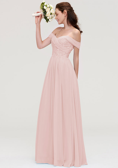 A-line Off-the-Shoulder Sleeveless Long Chiffon Bridesmaid Dresses Wedding Guest Dresses With Pleated Appliqued