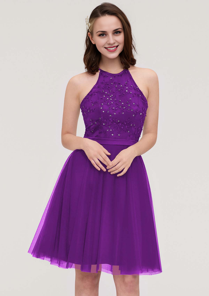 A-line Halter Sleeveless Knee-Length Tulle Bridesmaid Dress Cocktail Dresses With Sequins Appliqued Sashes