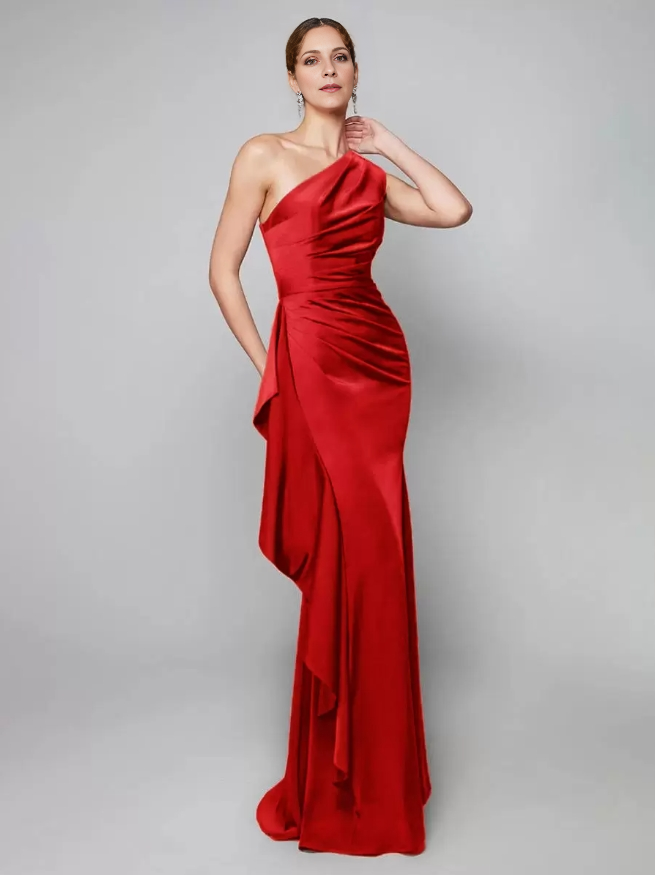Sheath One-Shoulder Pleated Sweep Asymmetrical Mermaid Guest Dresses  Mother of the Bride Dresse