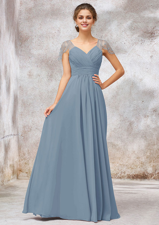 Chiffon Bridesmaid Dress A-line Long/Floor-Length V Neck Cap Straps With Pleated Beading