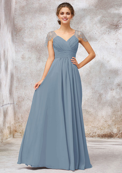 Chiffon Bridesmaid Dress A-line Long/Floor-Length V Neck Cap Straps With Pleated Beading