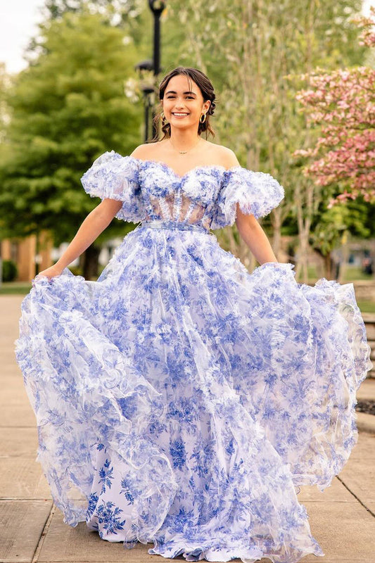 Cute Fairy Ball Tiered Floral Printed Tulle Long Prom Dress