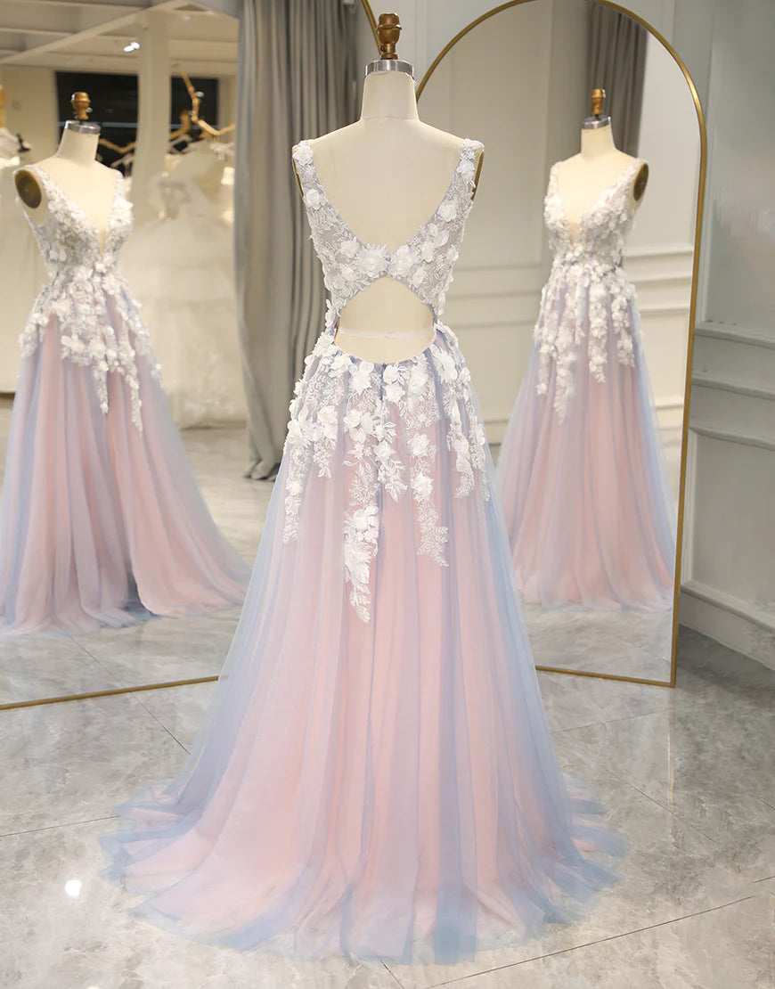 A Line Deep V Neck Tulle Long Prom Dress with Appliques