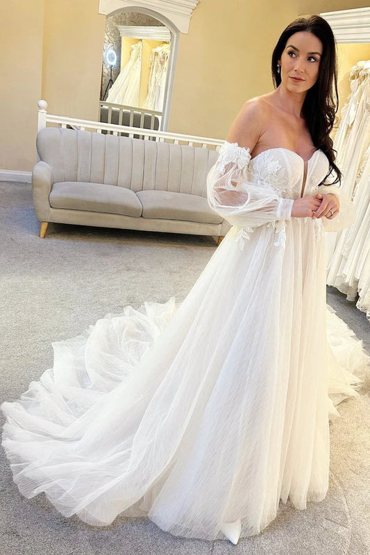 A-Line Sweetheart Lace Ivory Tulle Long Wedding Dress with Train