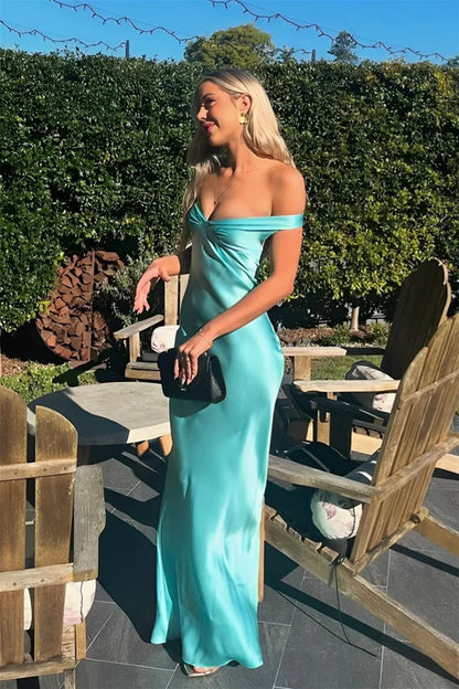 Charming Sheath Off the Shoulder Mint Silk Satin Long Prom Dress