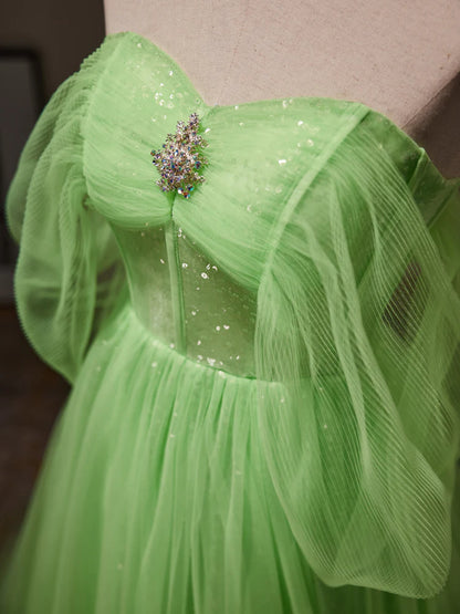 Sequins/Sparkling A-Line Off Shoulder Tulle Blue Long Prom Dress Evening Dress