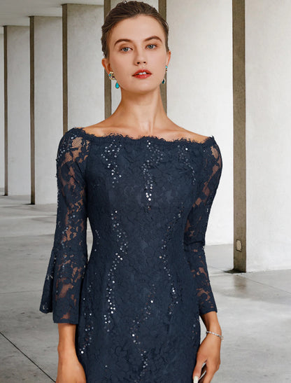 Sheath / Column Mother of the Bride Dress Vintage Jewel Neck Tea Length Lace with Sequin
